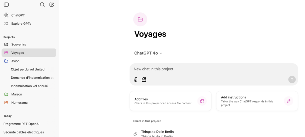 L'interface des projets dans ChatGPT. // Source : Numerama