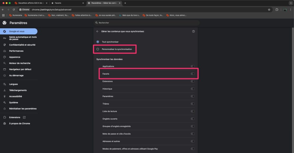 Il est possible de choisir les données synchronisées avec son compte Google dans Chrome // Source : Numerama