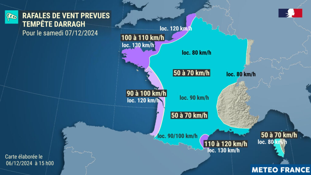 Carte des rafales de vents prévues en France le samedi 7 décembre 2024. // Source : Météo-France