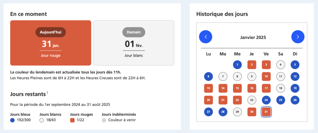 Les jours Tempo (calendrier actualisé le 31 janvier 2025). // Source : Capture d'écran EDF