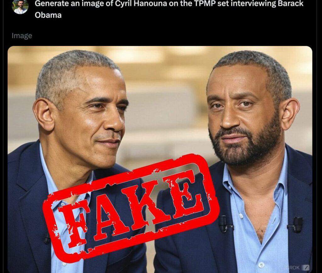 Les visages de Barack Obama et de Cyril Hanouna sont incroyablement fidèles à la réalité. // Source : Numerama, avec Grok