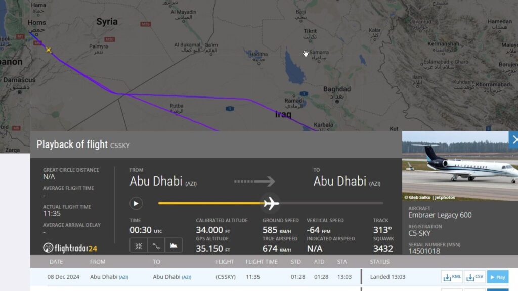 Un jet Embraer a fait un trajet aller-retour entre les Émirats Arabes Unis et la Syrie.  // Source : FlightRadar24 / X