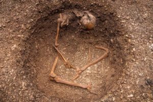 Inhumation d’un individu assis, détail de l’affaissement du haut du corps. // Source : Christophe Fouquin, Inrap