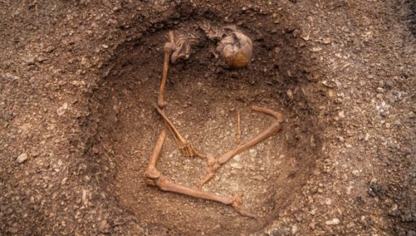 Inhumation d’un individu assis, détail de l’affaissement du haut du corps. // Source : Christophe Fouquin, Inrap