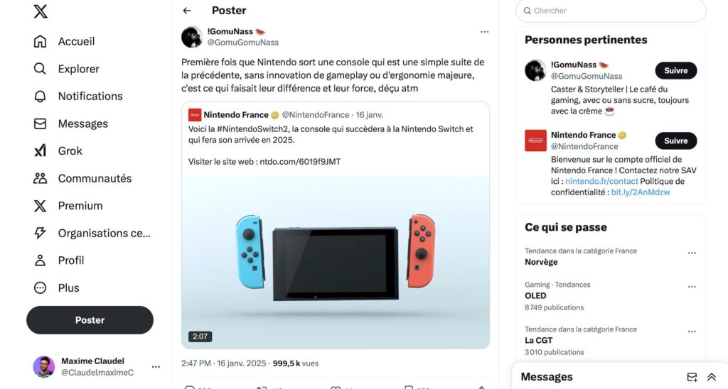 Avis sur la Nintendo Switch 2 // Source : Capture X (ex-Twitter)