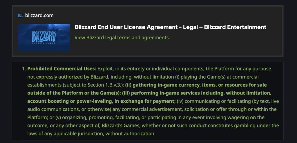 Les règles de Blizzard Entertainment // Source : Capture d'écran