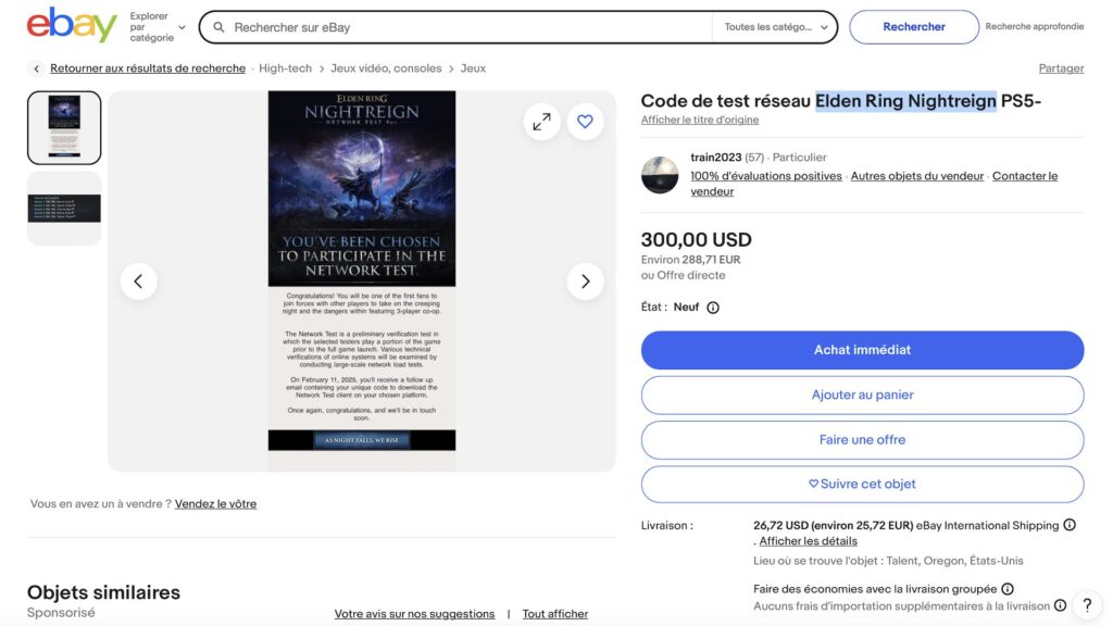 Des codes bêta en vente sur eBay // Source : Capture d'écran