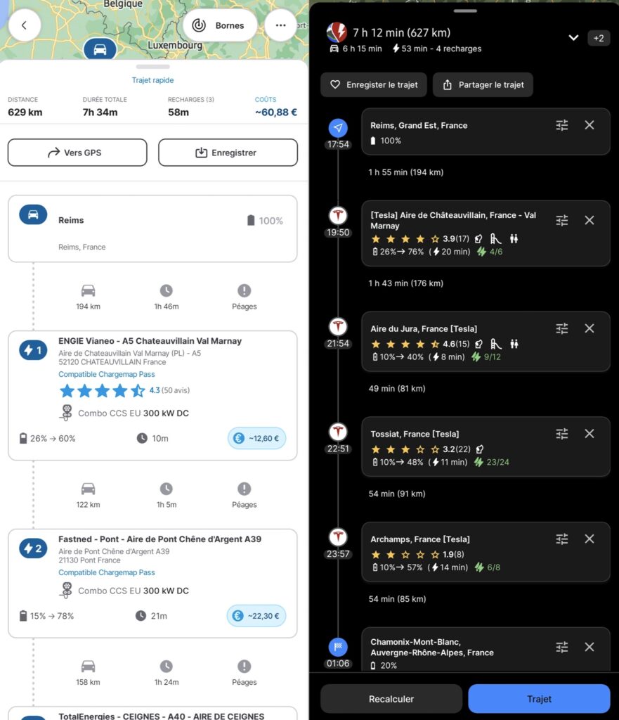 À gauche, Chargemap, et à droite, A Better Route Planner // Source : Bob JOUY pour Numerama