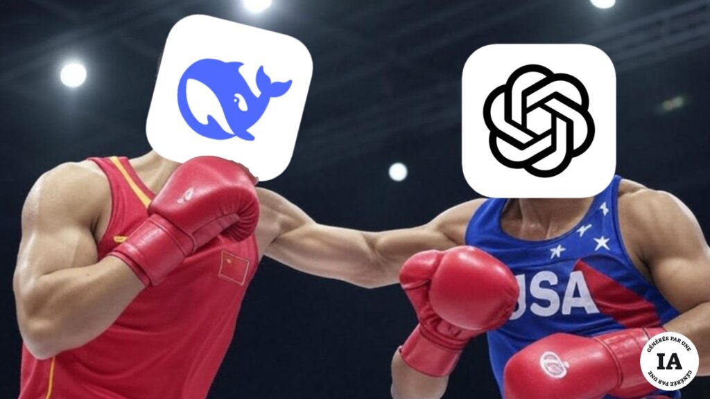 Combat de boxe entre DeepSeek et ChatGPT. // Source : Montage Numerama, image générée par Grok