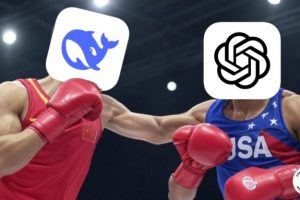 Combat de boxe entre DeepSeek et ChatGPT. // Source : Montage Numerama, image générée par Grok