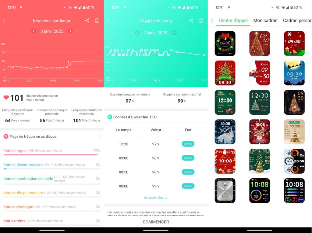 Les mesures de santé et les cadrans de l'application // Source : Numerama