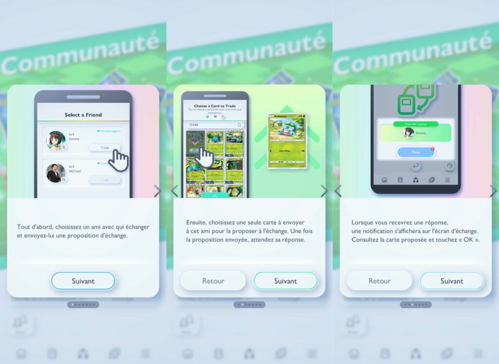 Le tutoriel des échanges dans « Pokémon TCG Pocket » // Source : Numerama