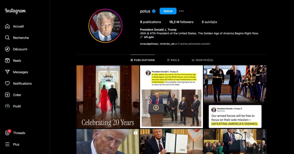 La page Instagram du président des États-Unis, en l'occurrence Donald Trump // Source : Numerama