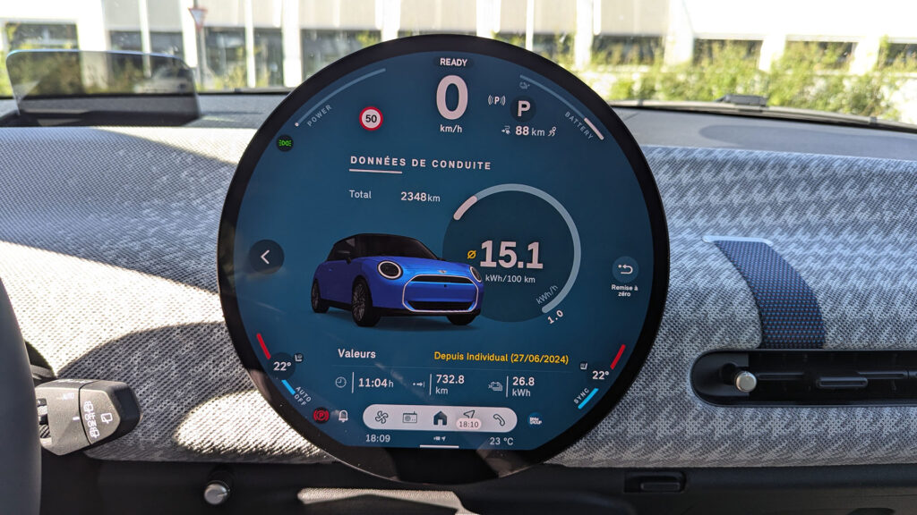 Consommation après 730 km d'essai de la Mini Cooper SE // Source : Raphaelle Baut pour Numerama