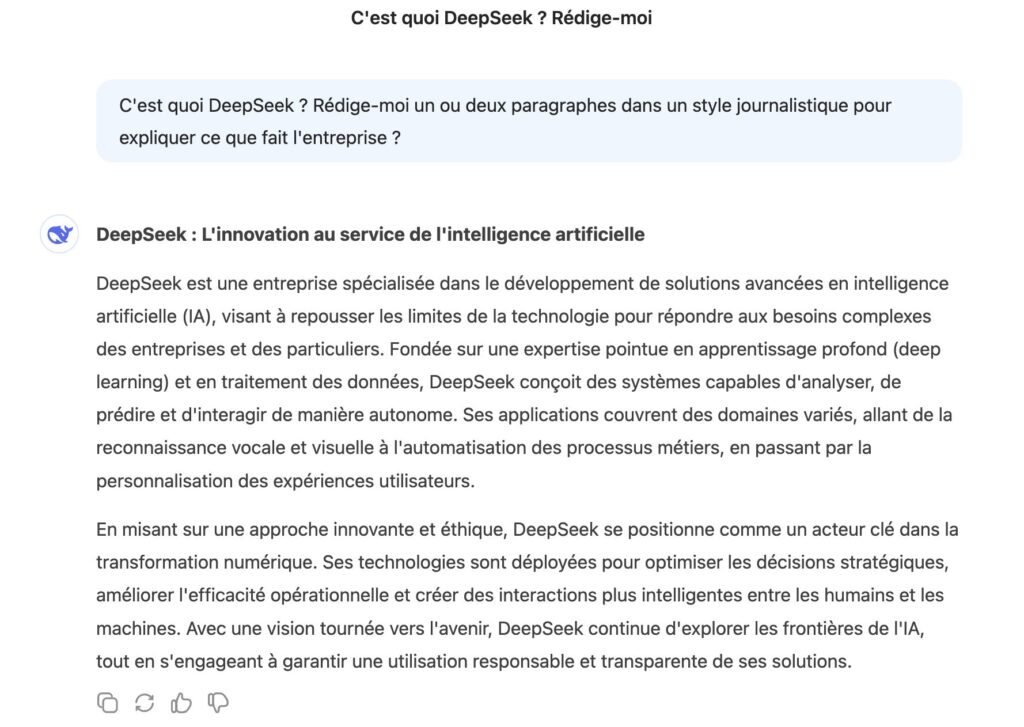 L'interface de DeepSeek reprend celle de ChatGPT.