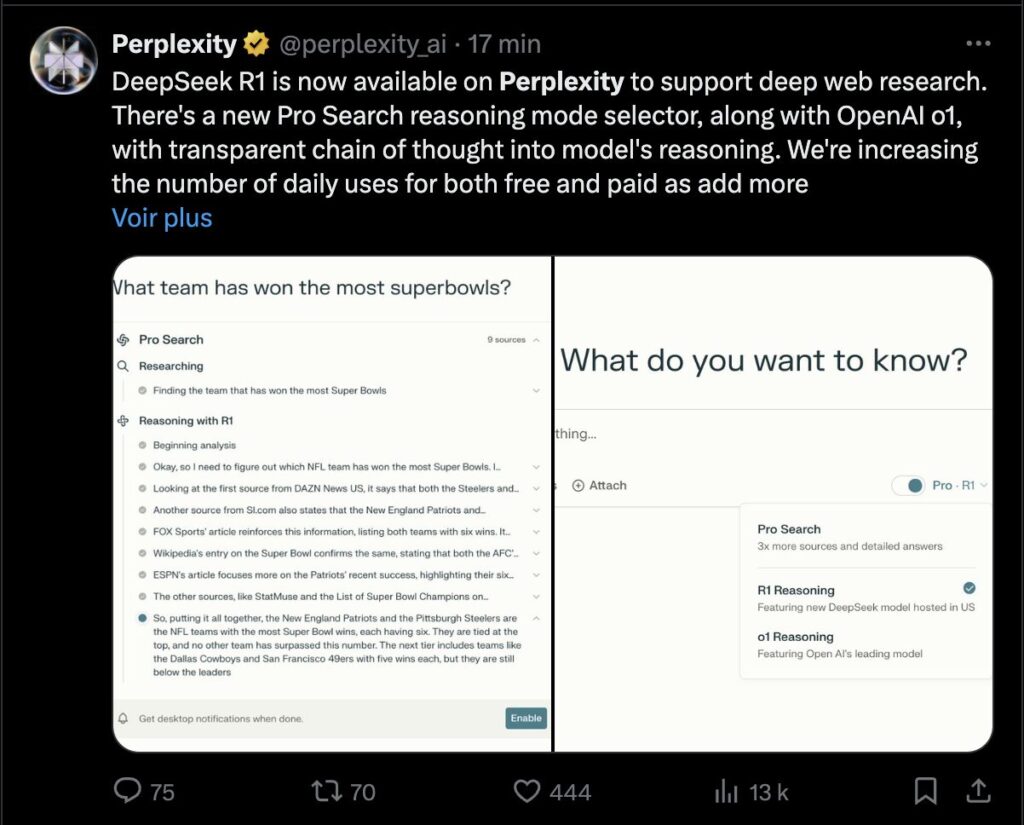 Perplexity Pro intègre désormais un accès à une version US de DeepSeek-R1.