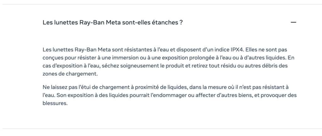 Sur son site, Meta mentionne la résistance à l'eau des lunettes.