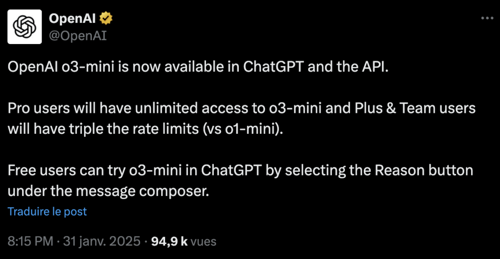 OpenAI a annoncé le lancement d'o3-mini en fin de journée le vendredi 31 janvier.
