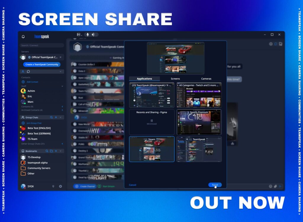 Le partage d'écran sur TeamSpeak // Source : TeamSpeak