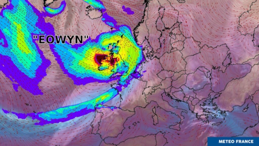 La tempête Eowyn tombe sur le Royaume-Uni à partir du 23 janvier 2025. // Source : Météo-France