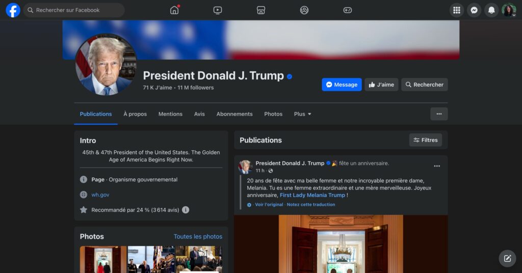 La page Facebook du président des États-Unis, en l'occurrence Donald Trump // Source : Numerama