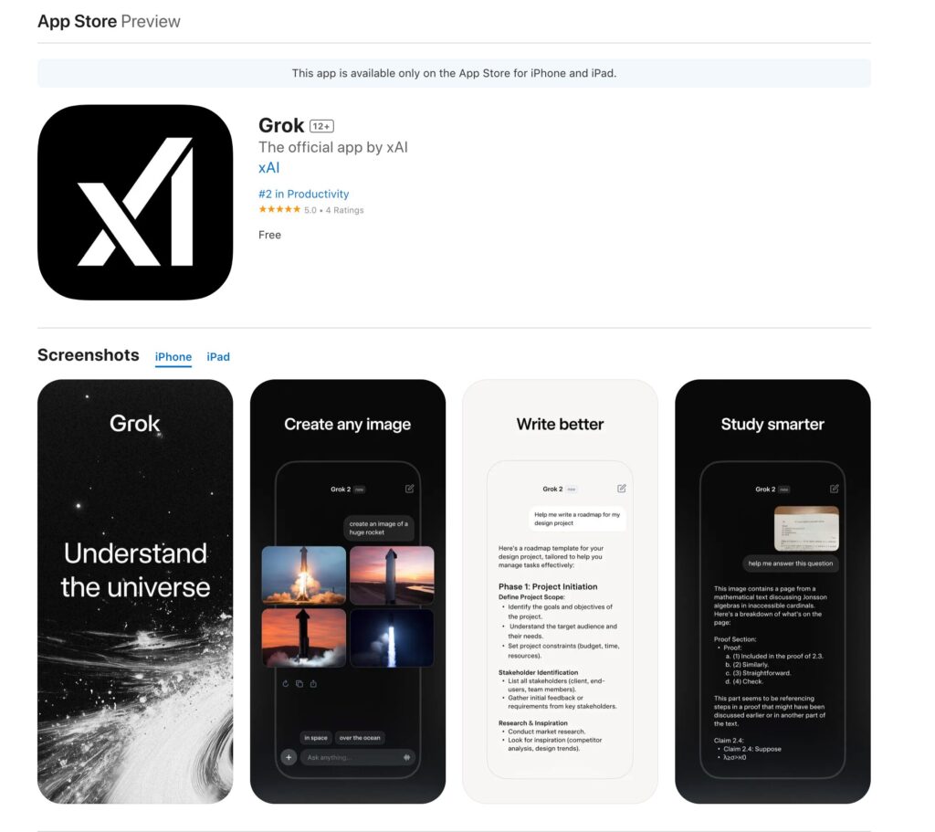 La page de Grok sur l'App Store // Source : Numerama