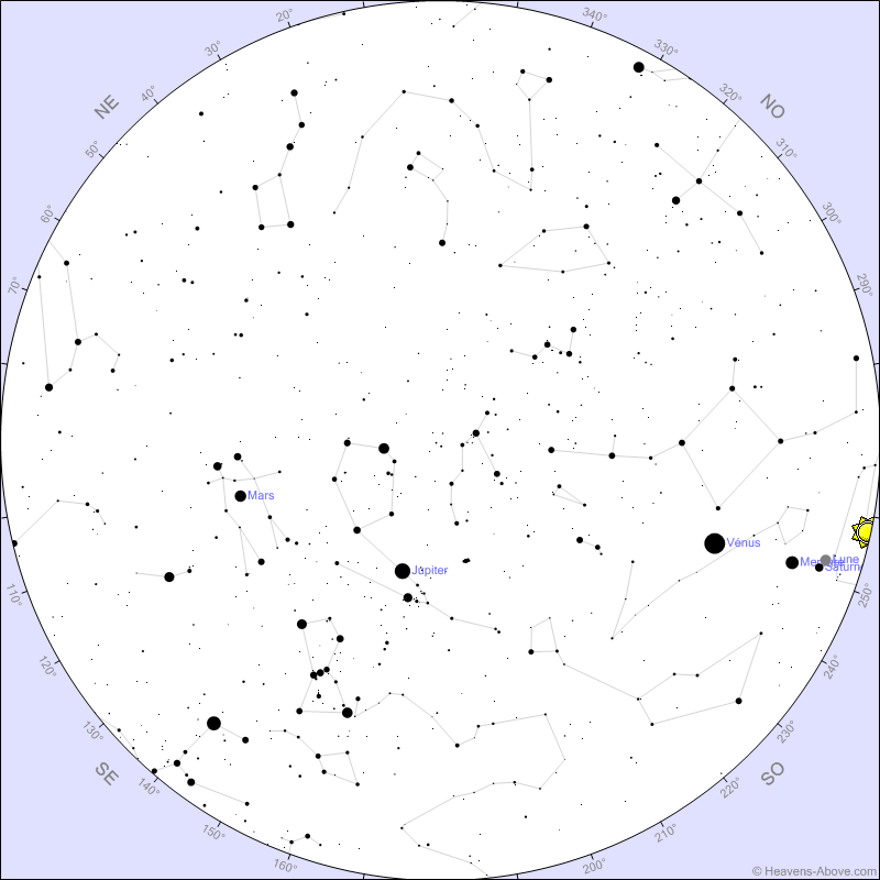 Carte du ciel vu de Paris le 28 février 2025 à 18h25. // Source : Heavens Above