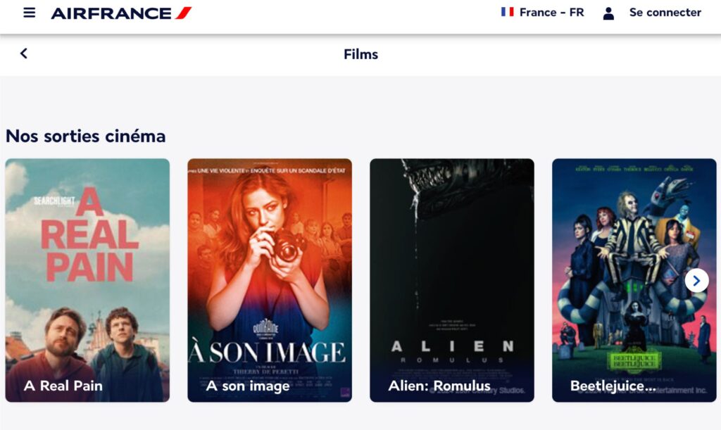 Air France dispose d'un site avec la liste des films actuellement diffusés. // Source : Capture Numerama