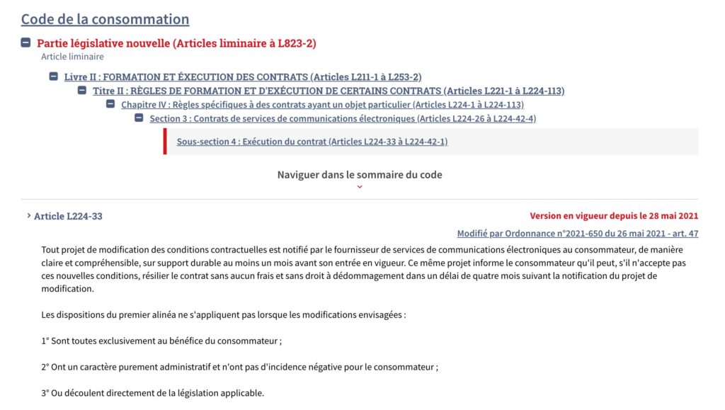 L'article L224-33 du Code de la consommation // Source : Numerama