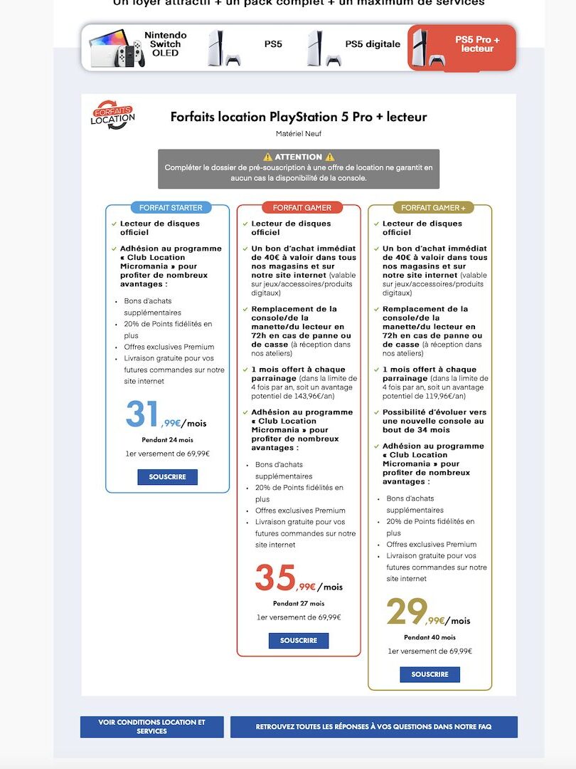 Location de PS5 Pro chez Micromania // Source : Capture d'écran