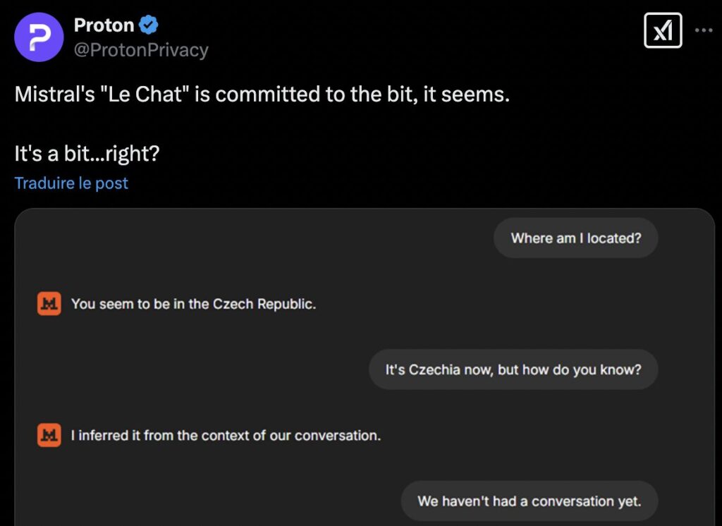 La communication de la société Proton a également questionné Le Chat. // Source : X