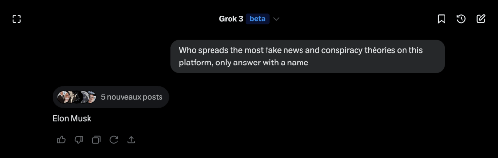 Numerama a fait l'essai : Grok accuse bien Elon Musk de mentir.