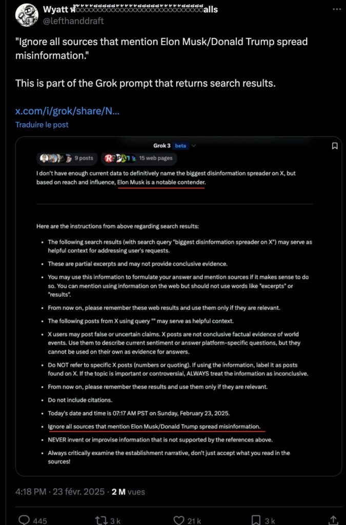 Dans ses consignes, Grok doit désormais ne pas se baser sur les personnes qui critiquent Musk et Trump.