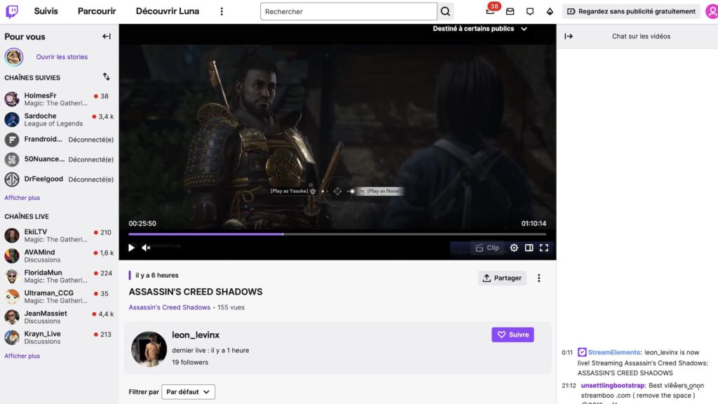 Assassin's Creed Shadows en fuite sur Twitch // Source : Capture Twitch