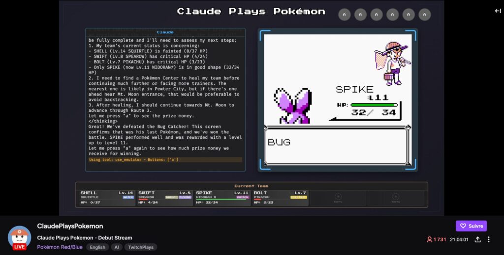 Claude joue à « Pokémon » en direct sur Twitch // Source : Numerama