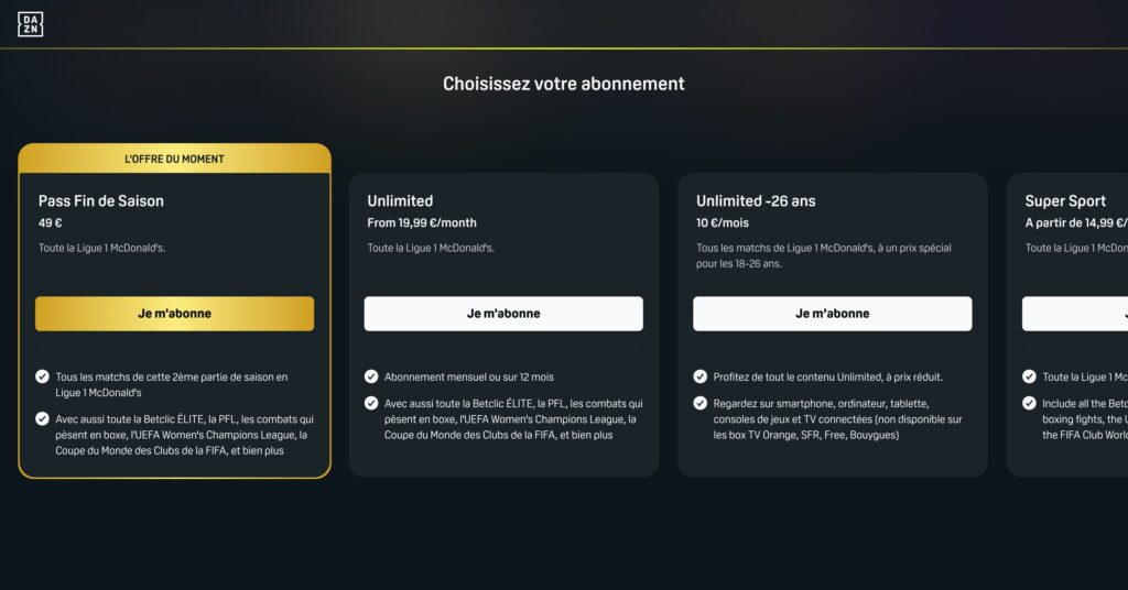 Les différents abonnements à DAZN // Source : Numerama