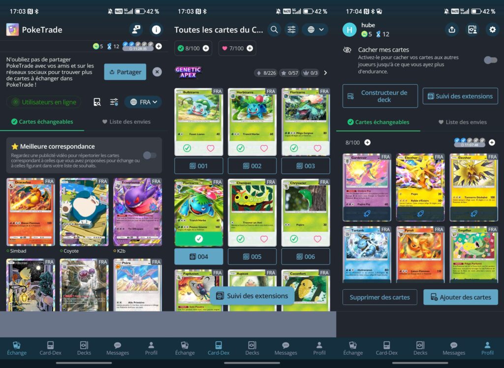 Les menus de l'application PokéTrade // Source : Numerama