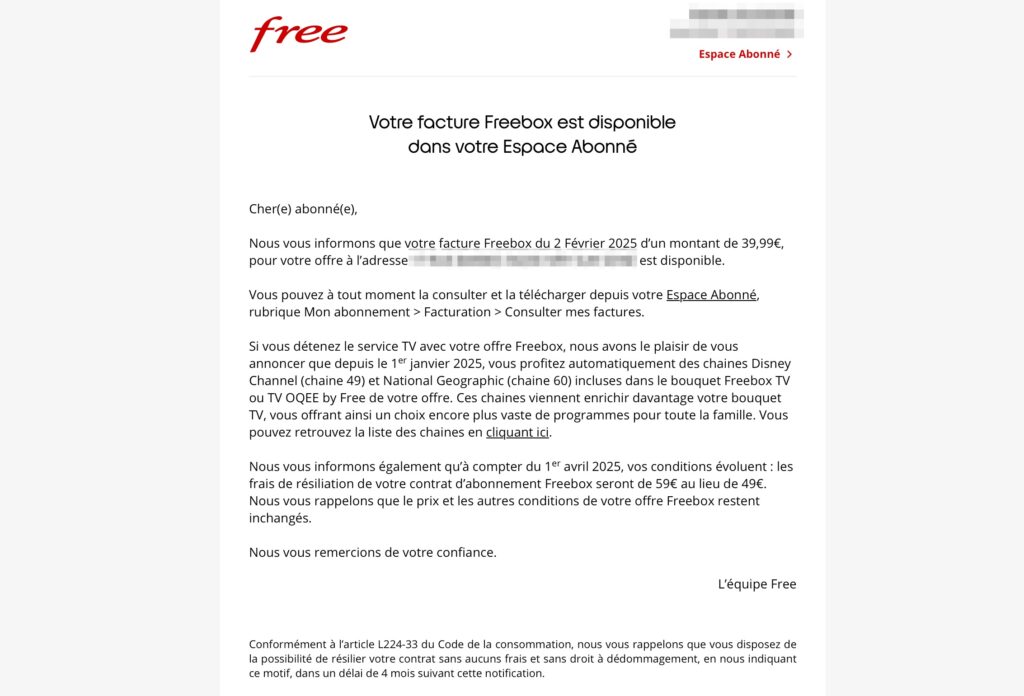 Le mail de Free pour prévenir de l'augmentation du tarif de résiliation // Source : Numerama