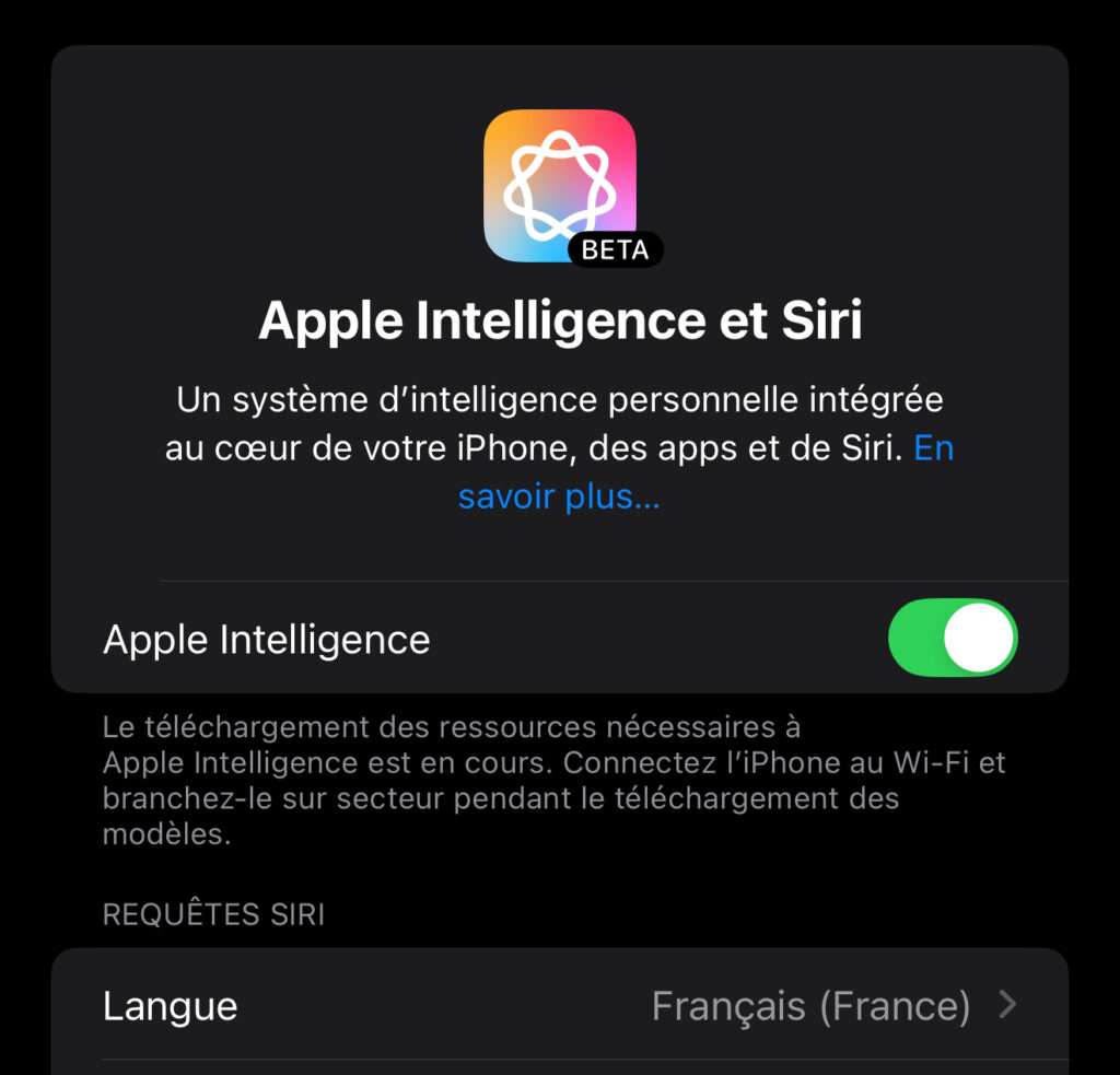 Les réglages d'Apple Intelligence en français.