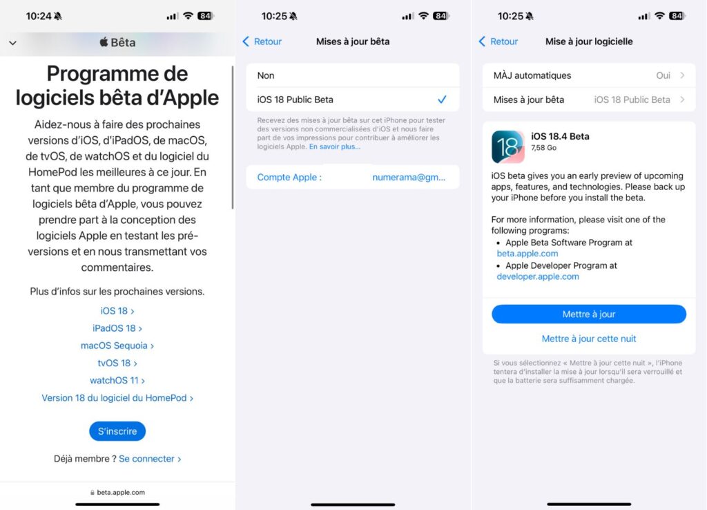 Le processus d'installation d'iOS 18.4 Beta.