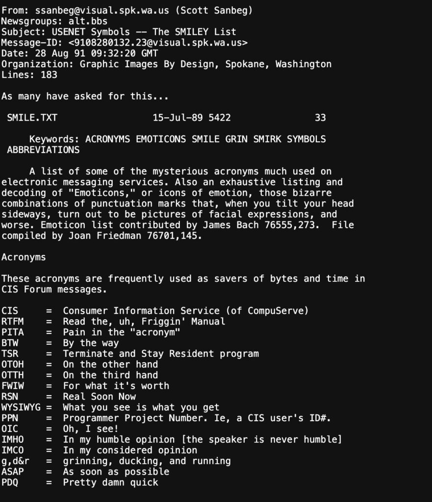 Une liste d'acronymes sur Internet partagée par email en 1991 // Source : Textfiles