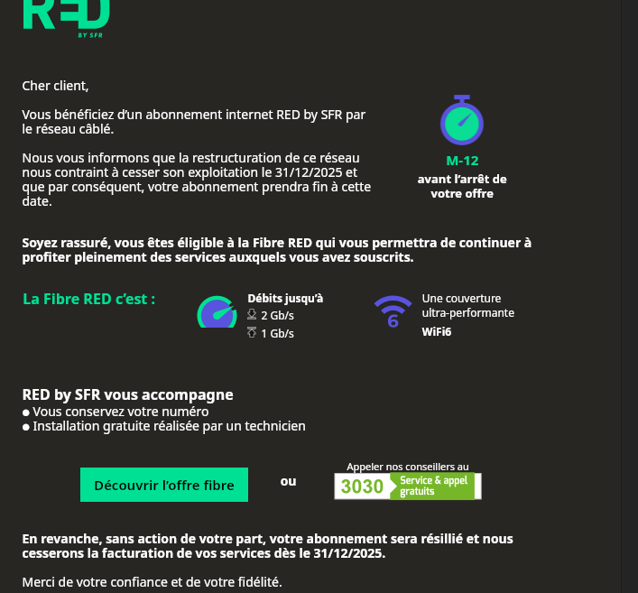 Le mail reçu par les abonnés RED by SFR sur la fin du coaxial // Source : Adrien Linuxtricks via X