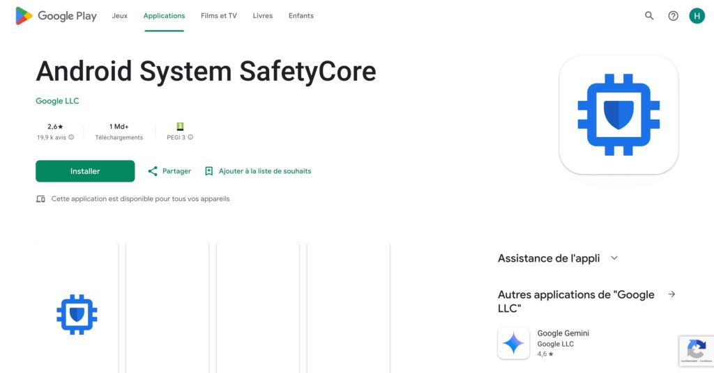 La page de SafetyCore sur le Play Store // Source : Numerama