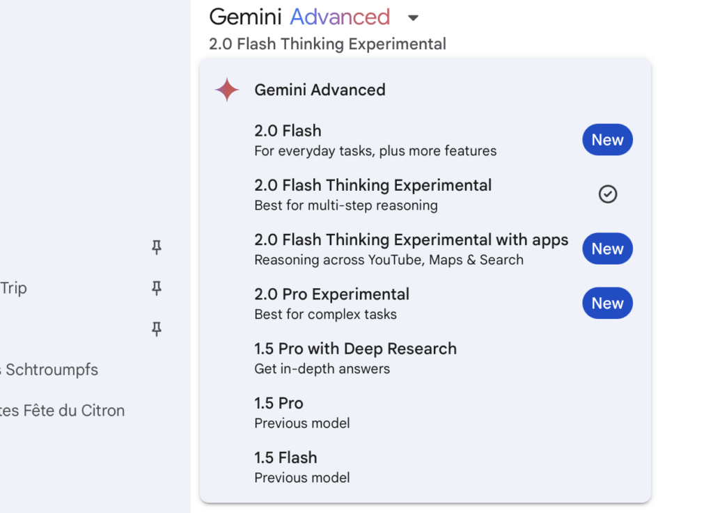 Tous les modèles actuellement disponibles dans Gemini, dont les modèles de réflexion.