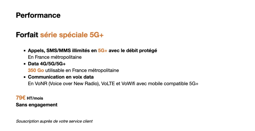 Le forfait Performance 5G+ sur le site d'Orange Pro.