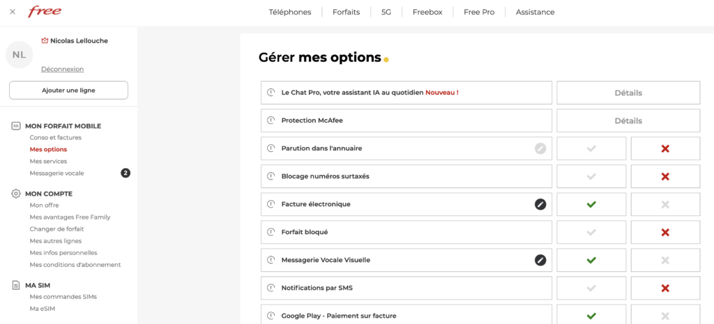 L'affichage des options dans l'espace client Free Mobile.