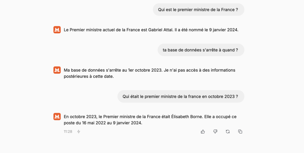 Mistral prétend que sa base de données s'arrête en octobre 2023, mais pense que Gabriel Attal, nommé en janvier 2024, est le premier ministre actuel.