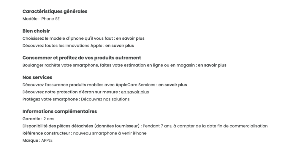 La seule information dans la fiche : il s'agit d'un iPhone SE.