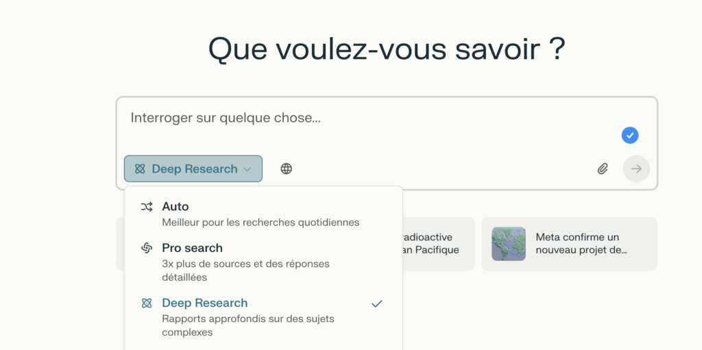 Deep Resarch dans l'interface Perplexity.