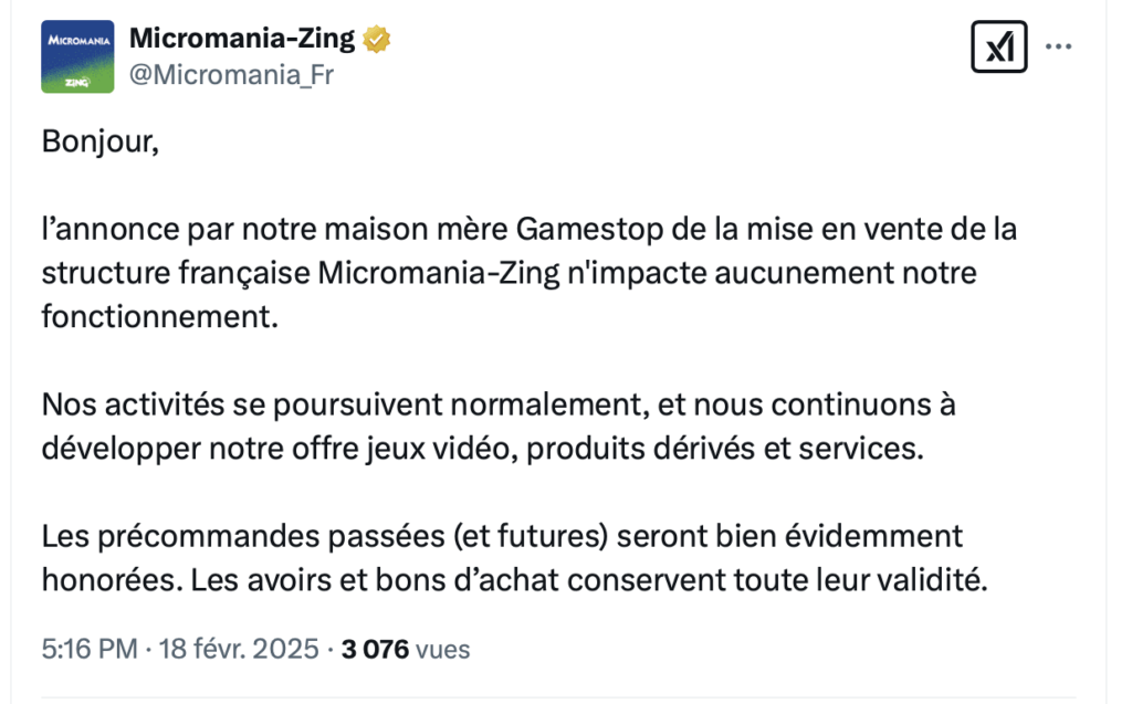 Réaction officielle de Micromania.